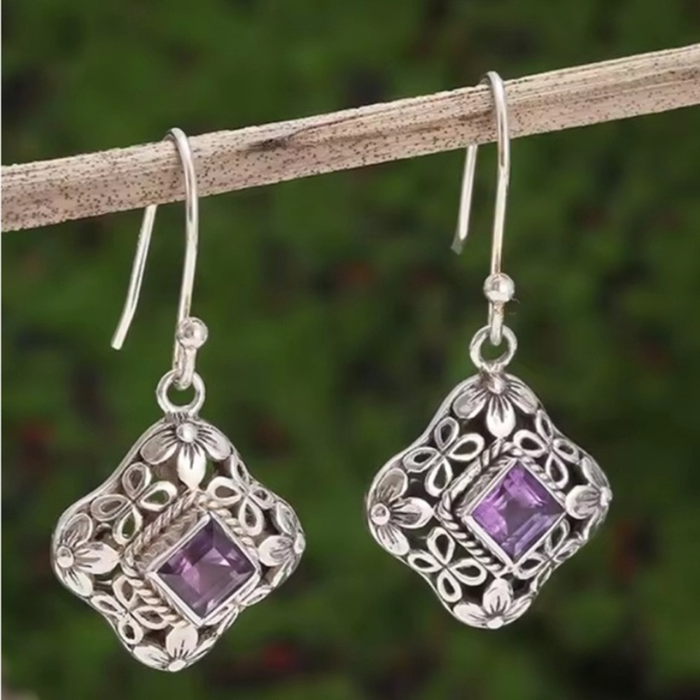 New Silver Amethyst Dangle Earrings